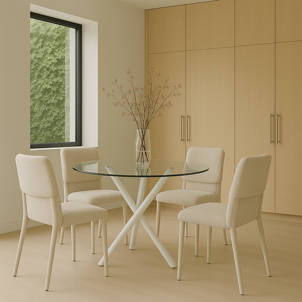 Aurora Fabric Dining Chair – Cream Textured Upholstery & White Metal Legs