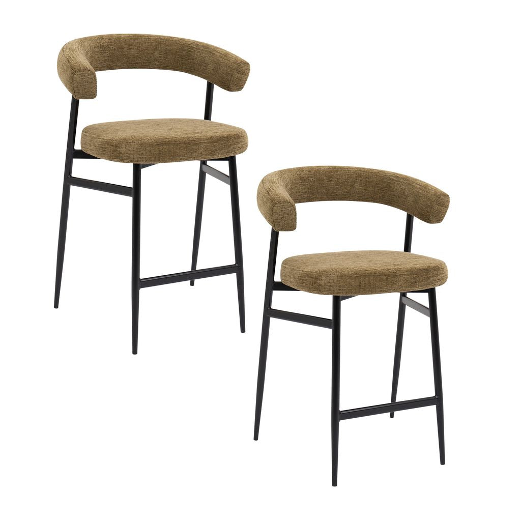 Nola Curved Bar Stool – Olive Fabric & Black Metal Frame
