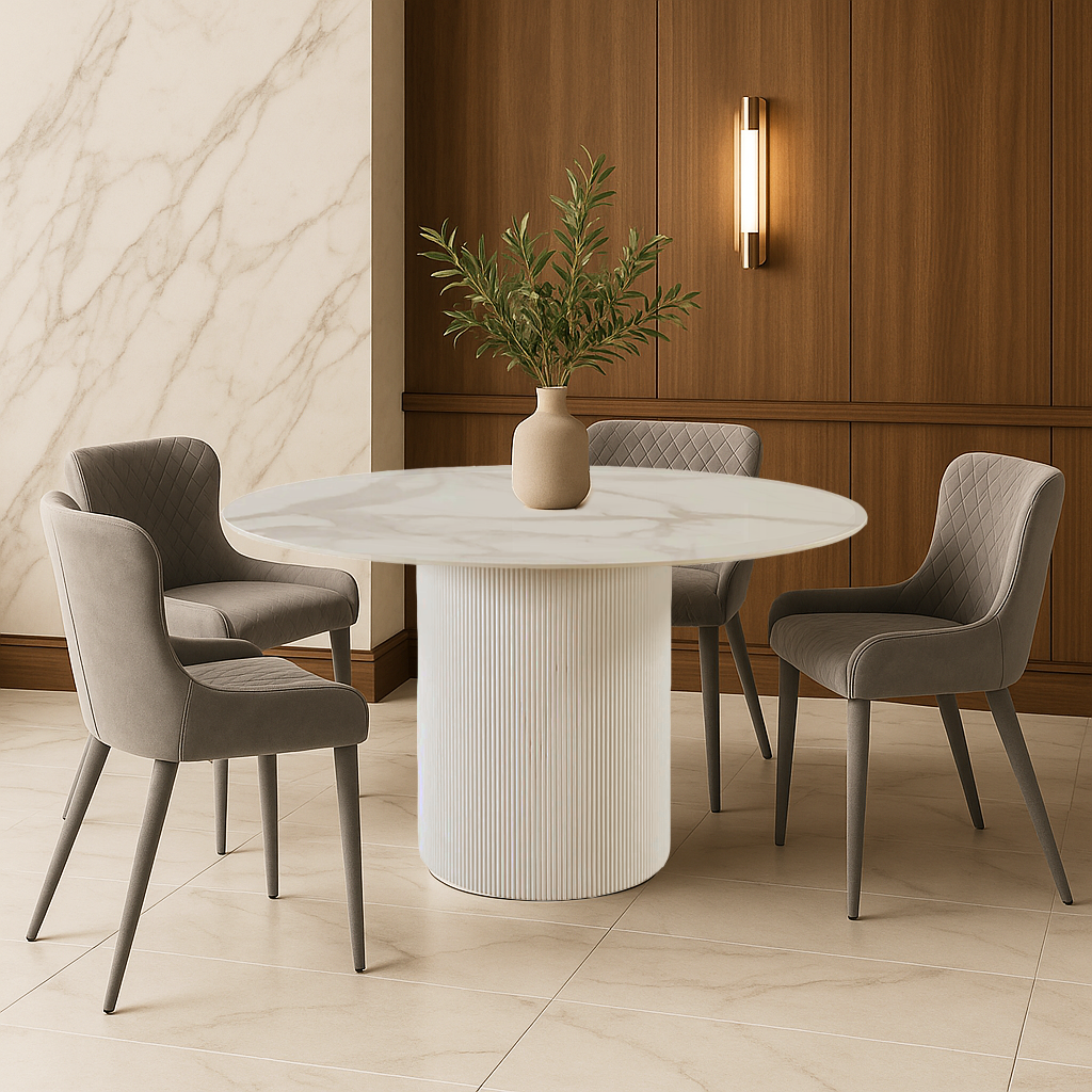 Aurora Luxe 5-Piece Round Dining Set – White Sintered Stone Table with Velvet Chairs (Light Grey)
