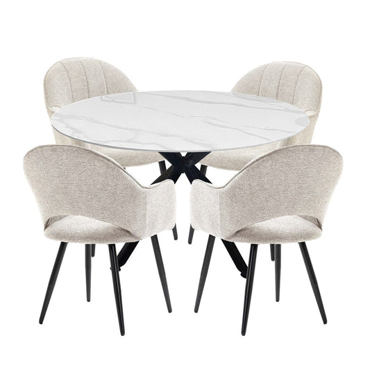 Luna 5-Piece Round Dining Set – White Sintered Stone Top with Curved Fabric Chairs & Black Metal Legs