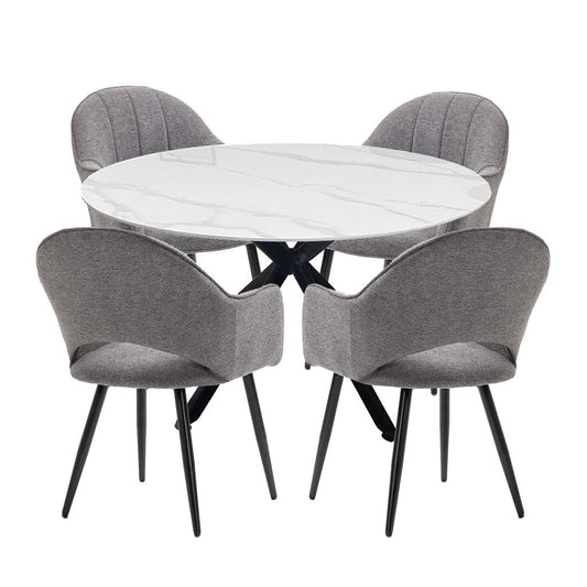 Luna 5-Piece Round Dining Set – White Sintered Stone Top with Grey Fabric Chairs & Black Metal Base