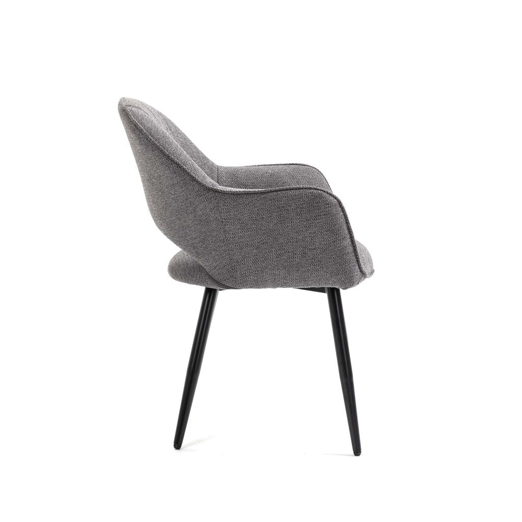 Luna 5-Piece Round Dining Set – White Sintered Stone Top with Grey Fabric Chairs & Black Metal Base