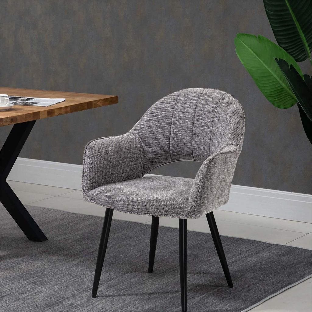 Luna 5-Piece Round Dining Set – White Sintered Stone Top with Grey Fabric Chairs & Black Metal Base