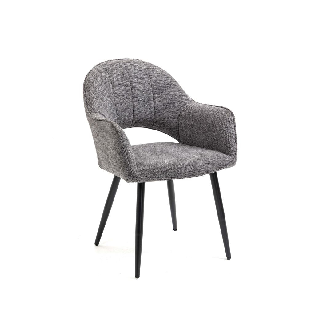 Luna 5-Piece Round Dining Set – White Sintered Stone Top with Grey Fabric Chairs & Black Metal Base