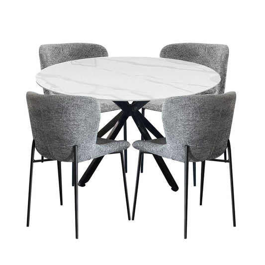 Luna 5-Piece Round Dining Set – White Sintered Stone Top with Grey Textured Fabric Chairs & Black Metal Base