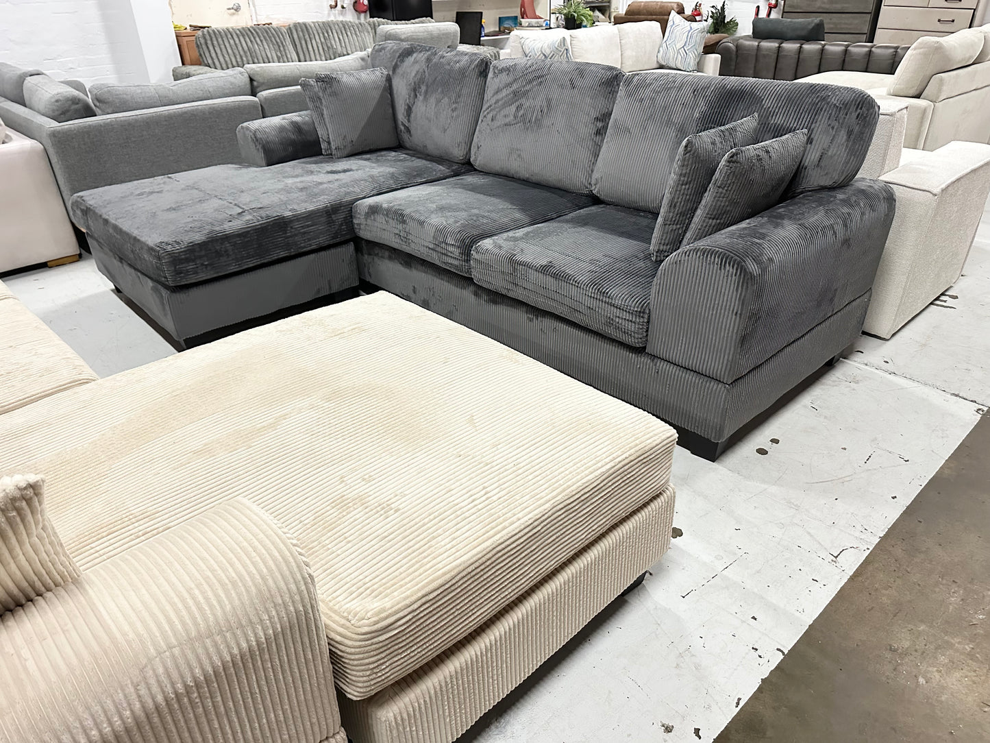 Noosa Corduroy Sofa. Dark grey reversible chaise.