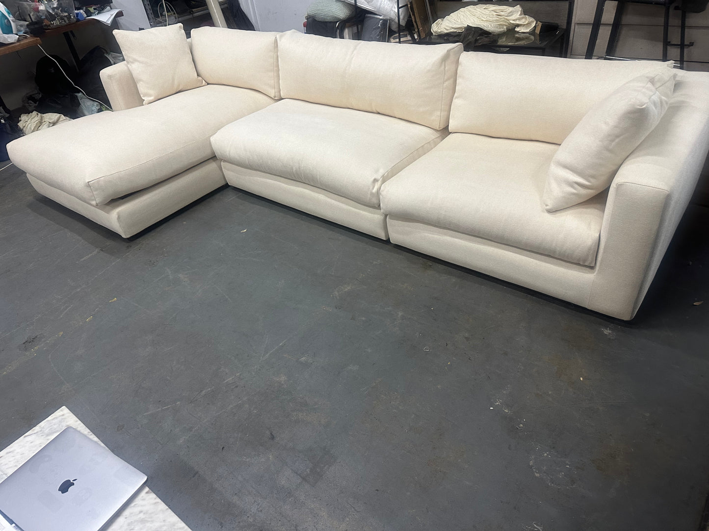 Top quality reupholstered Domayne L shape sofa. Removable cushion covers