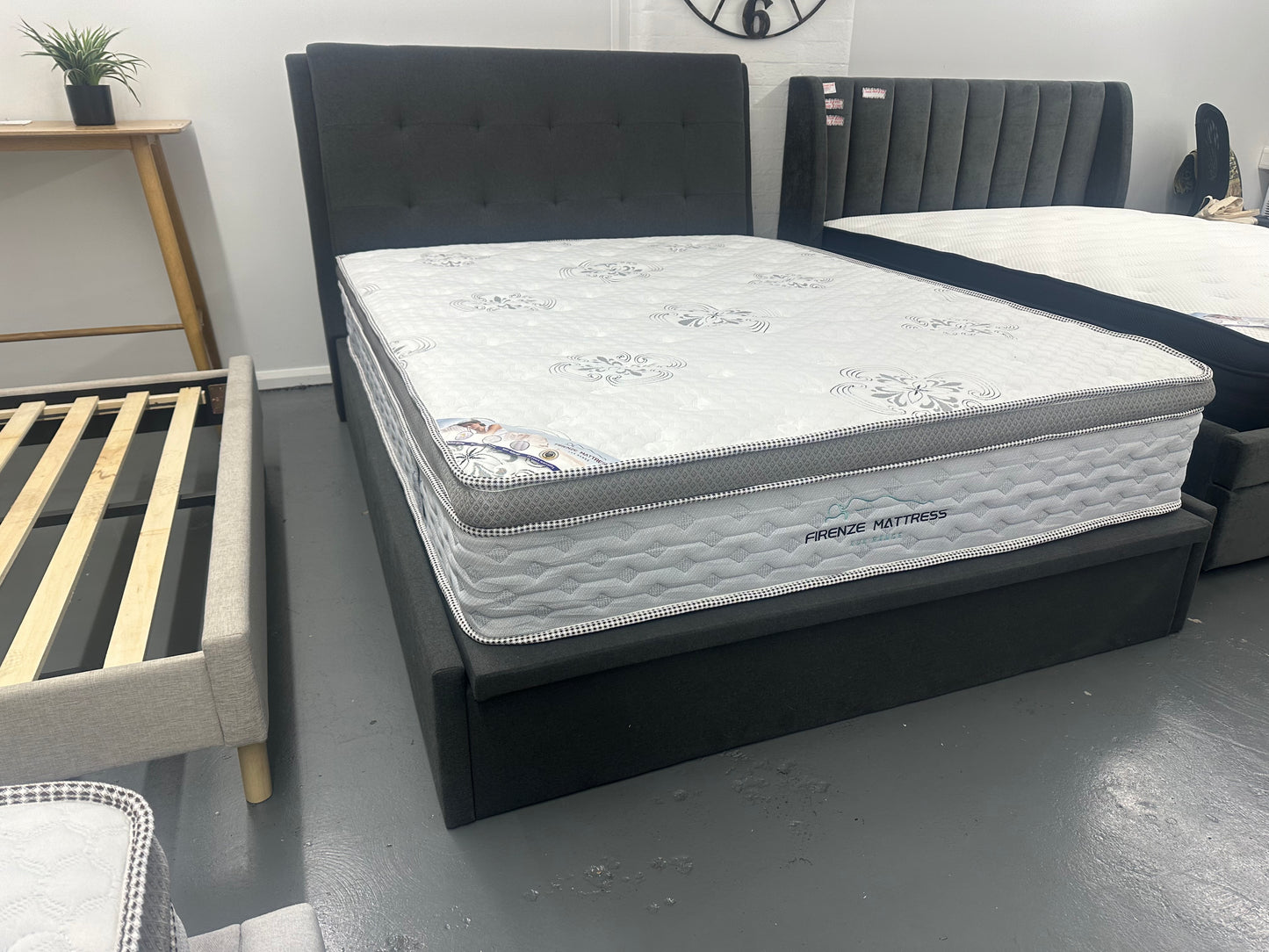 Strong Gaslift bed frame with solid base and 32cm thick top quality Firenze mattress