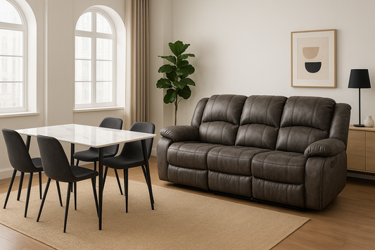 Urban Comfort Duo Set – Wipeable Techno-Fabric Recliner Sofa & Marble Dining Table (4 Chairs)
