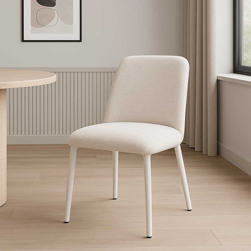 Aurora Fabric Dining Chair – Cream Textured Upholstery & White Metal Legs