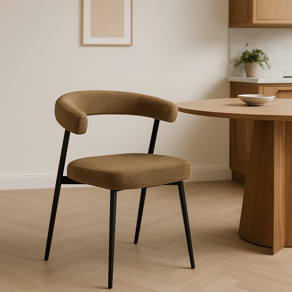 Nola Curved Dining Chair – Olive Fabric & Black Metal Frame