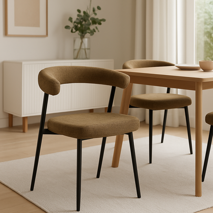 Nola Curved Dining Chair – Olive Fabric & Black Metal Frame