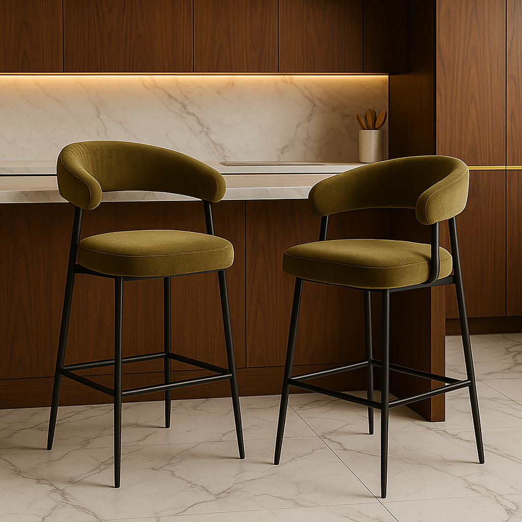 Nola Curved Bar Stool – Olive Fabric & Black Metal Frame