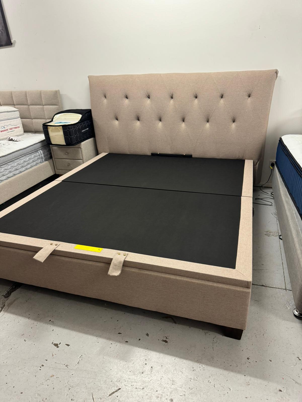 Super strong bed frame with gaslift storage and 34 cm cool gel memory foam mattress deal. King size