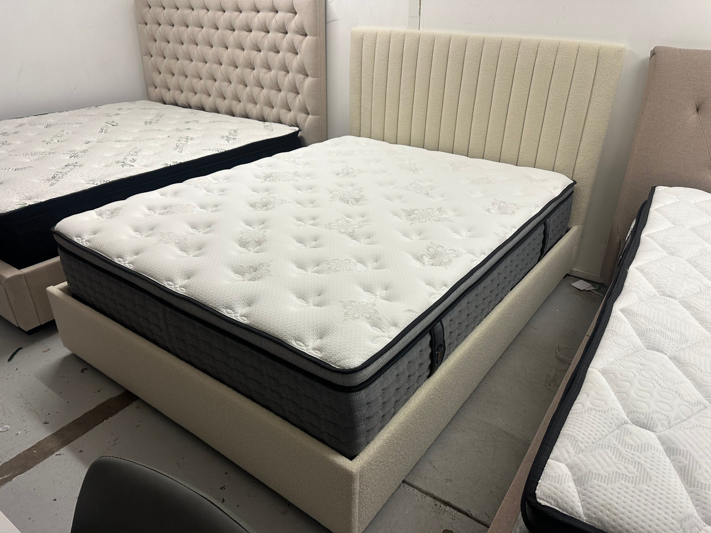 Beautiful boucle fabric queen bed frame and 34cm Mattress