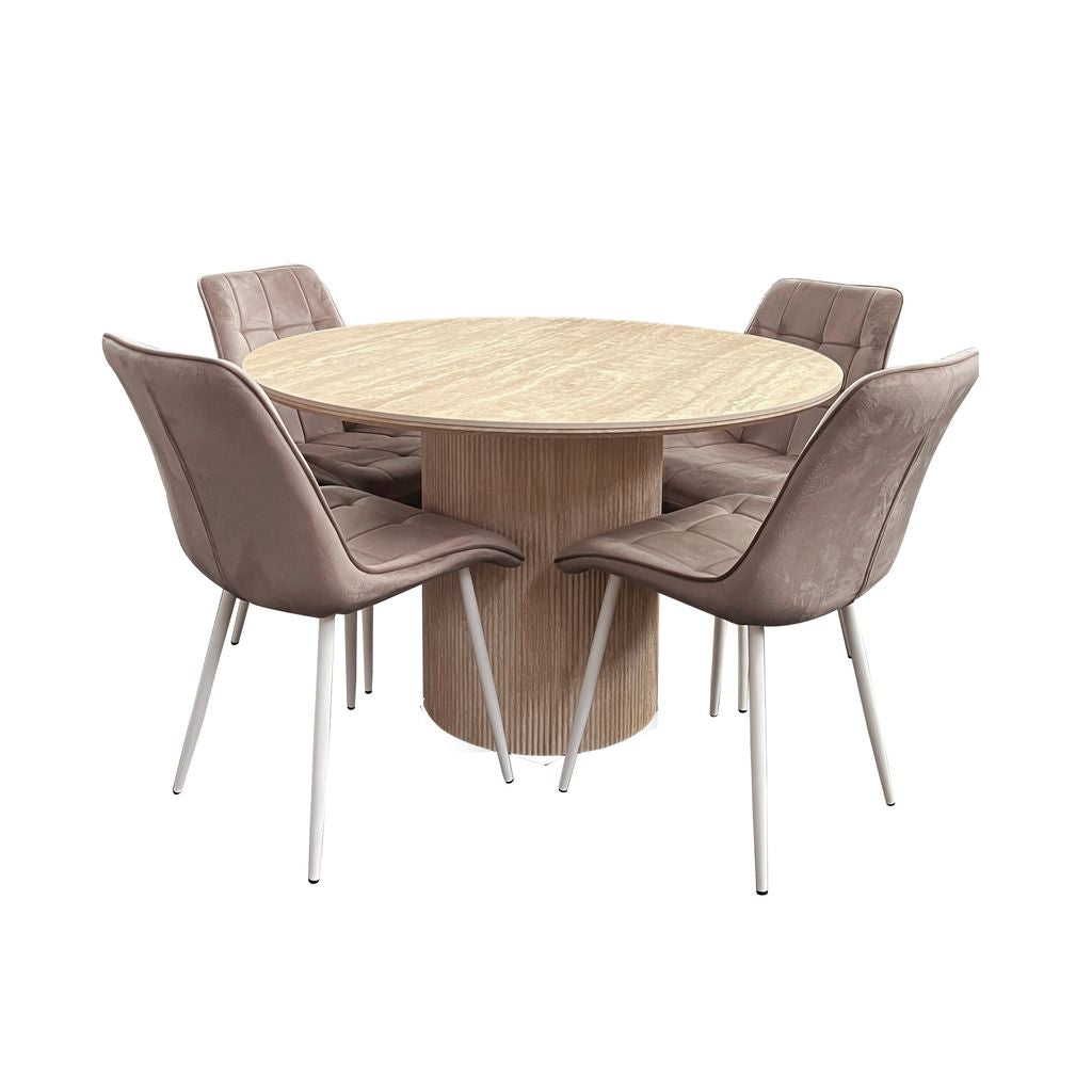 Aurelia 5-Piece Round Dining Set – Sintered Stone Table with Velvet Chairs
