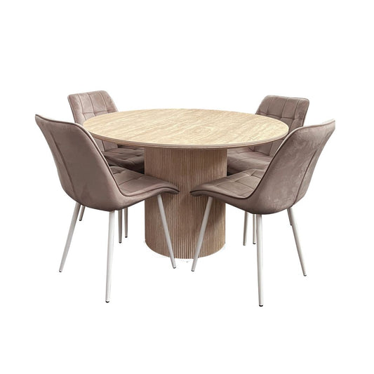 Aurelia 5-Piece Round Dining Set – Sintered Stone Table with Velvet Chairs