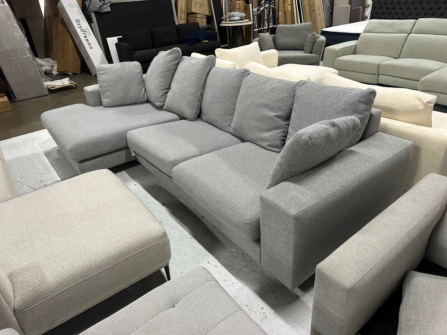 Domayne Furnitue  L-Shape Chaise Sofa – Beautiful light grey  color  | Professionally Cleaned