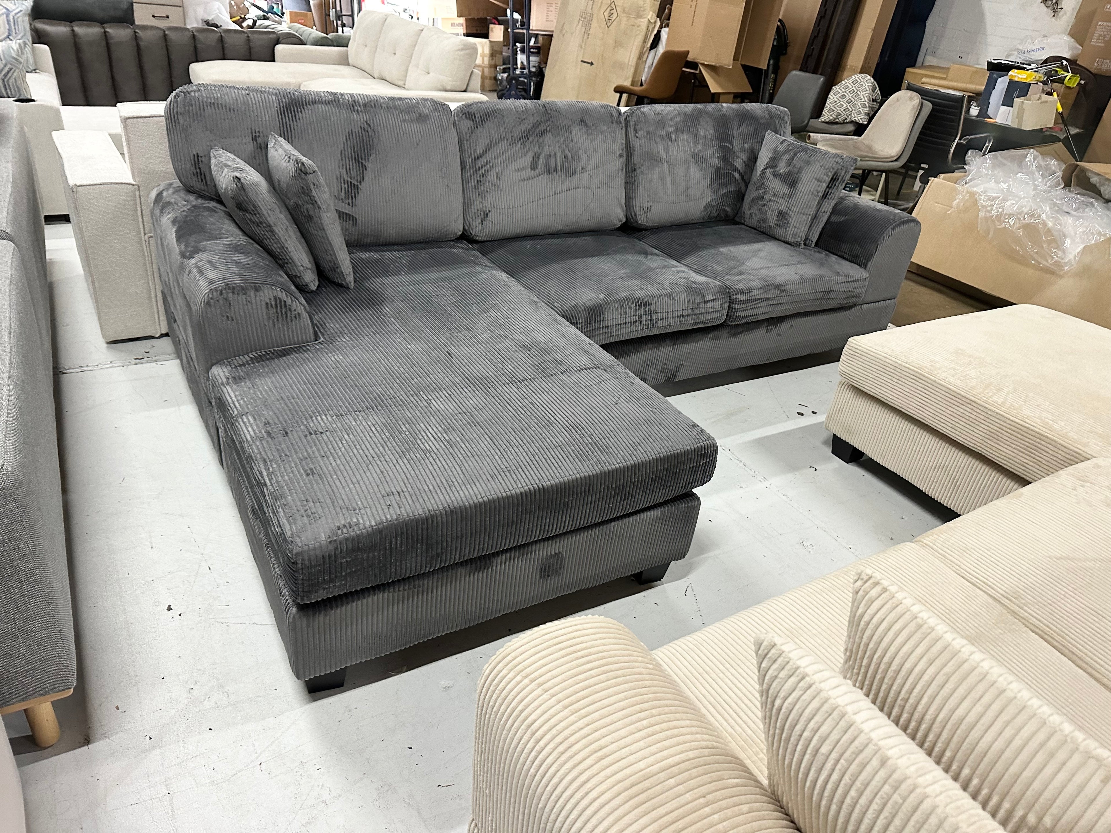 Noosa Corduroy Sofa. Dark grey reversible chaise.