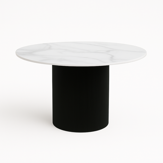 Aurora Round Sintered Stone Dining Table – White Marble Top with Black Ribbed Base