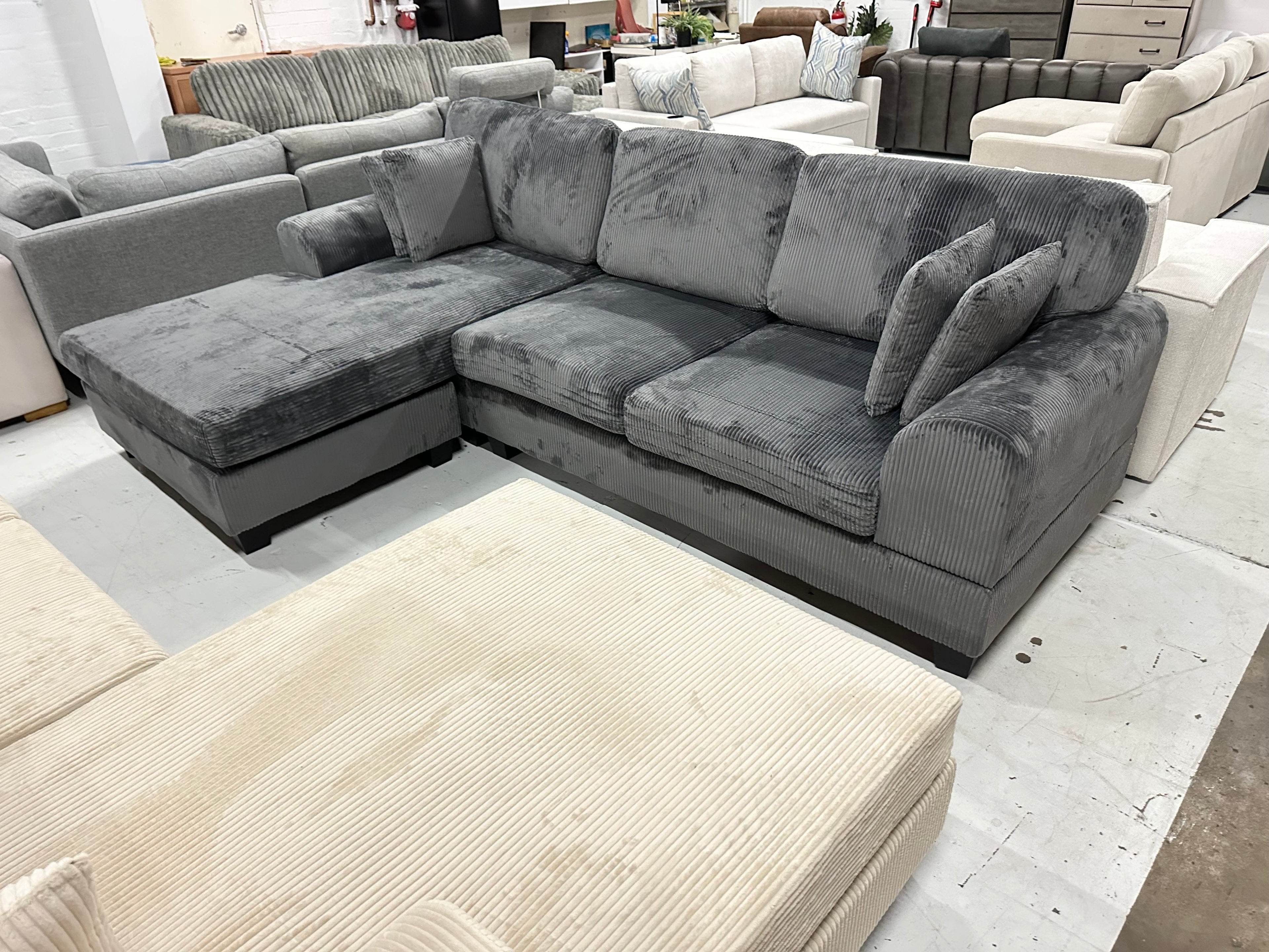 Noosa Corduroy Sofa. Dark grey reversible chaise.