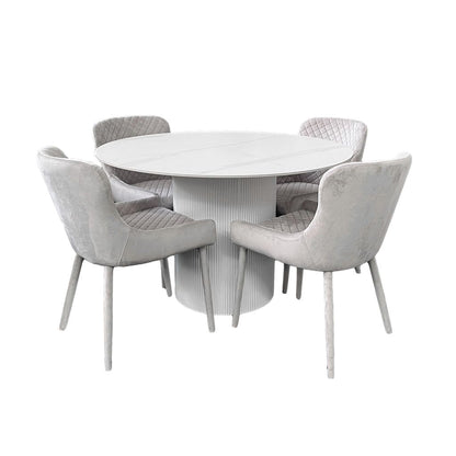 Aurora Luxe 5-Piece Round Dining Set – White Sintered Stone Table with Velvet Chairs (Light Grey)