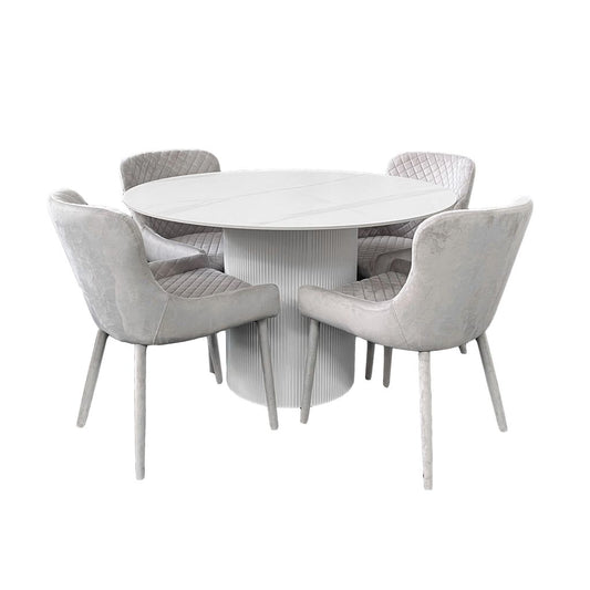 Aurora Luxe 5-Piece Round Dining Set – White Sintered Stone Table with Velvet Chairs (Light Grey)