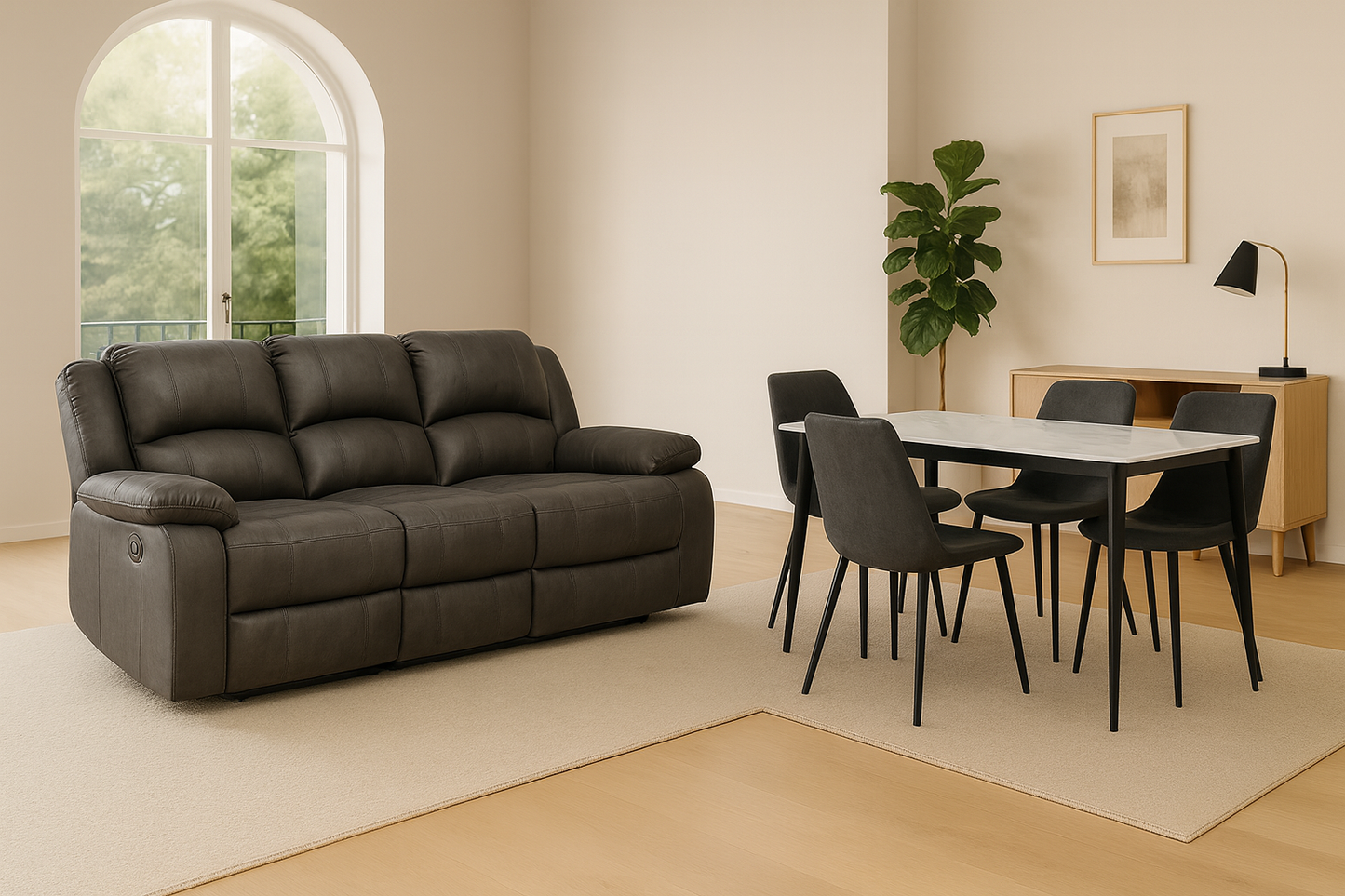 Urban Comfort Duo Set – Wipeable Techno-Fabric Recliner Sofa & Marble Dining Table (4 Chairs)