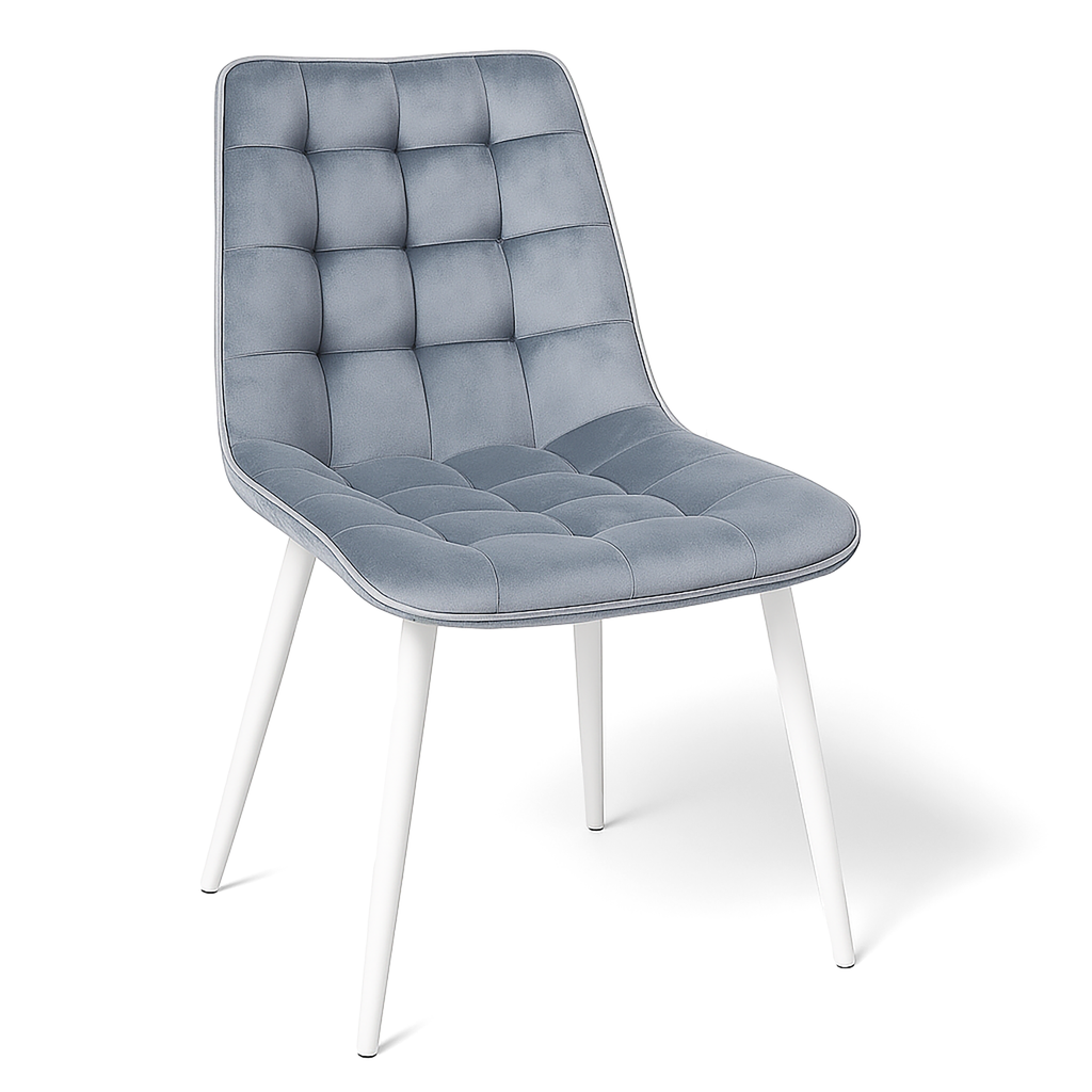 Aurora 5-Piece Round Dining Set – White Sintered Stone Table with Blue-Grey Velvet Chairs