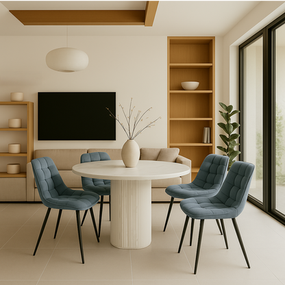 Aurora 5-Piece Round Dining Set – White Sintered Stone Table with Blue-Grey Velvet Chairs