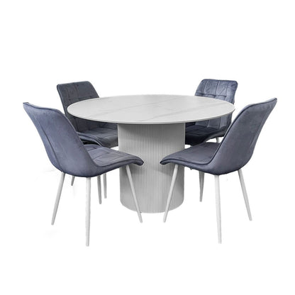 Aurora 5-Piece Round Dining Set – White Sintered Stone Table with Blue-Grey Velvet Chairs