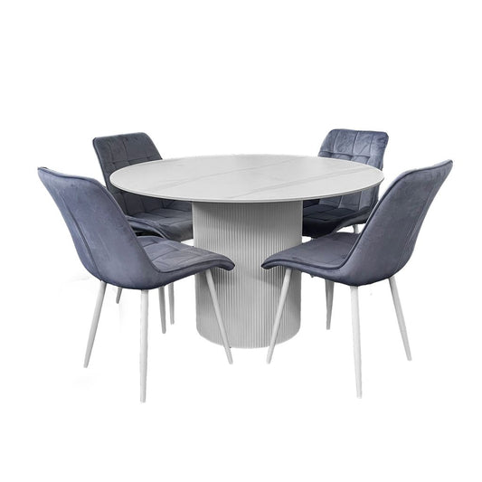 Aurora 5-Piece Round Dining Set – White Sintered Stone Table with Blue-Grey Velvet Chairs
