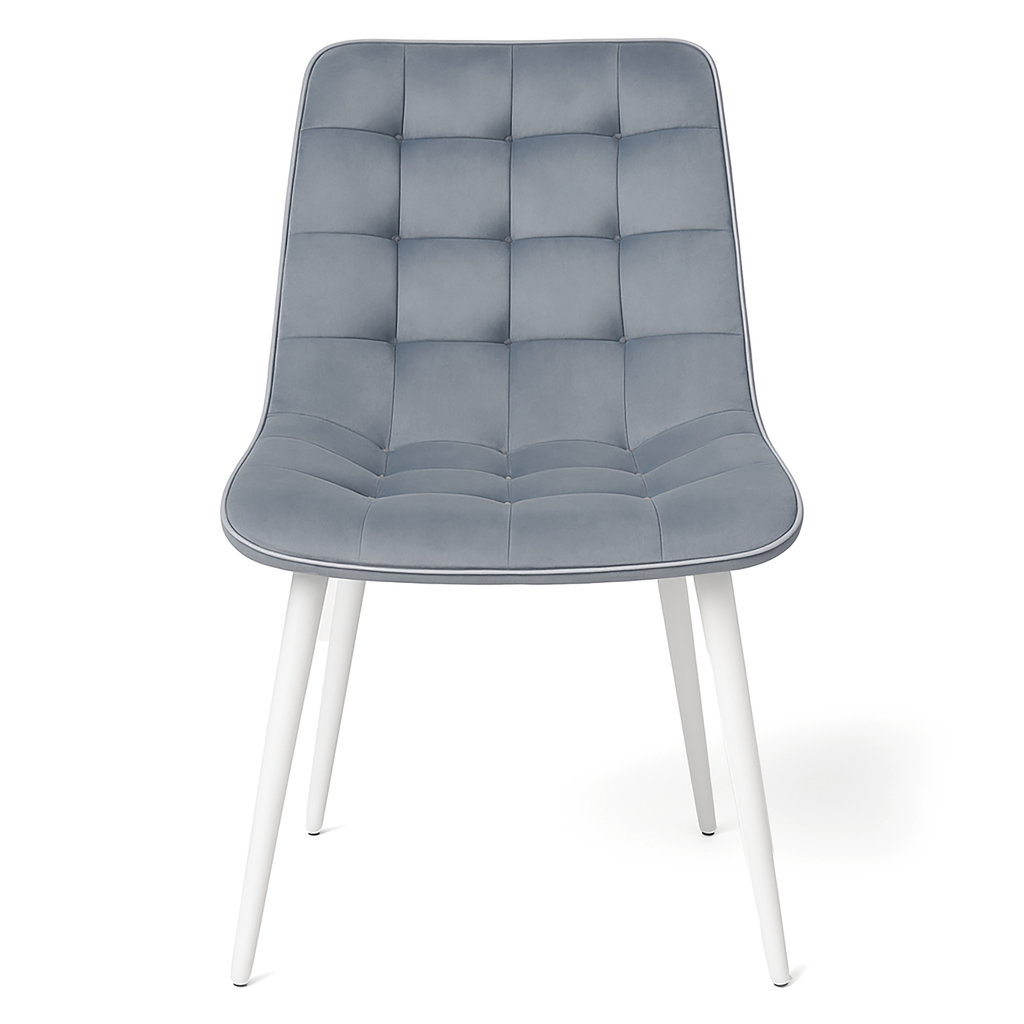 Aurora 5-Piece Round Dining Set – White Sintered Stone Table with Blue-Grey Velvet Chairs