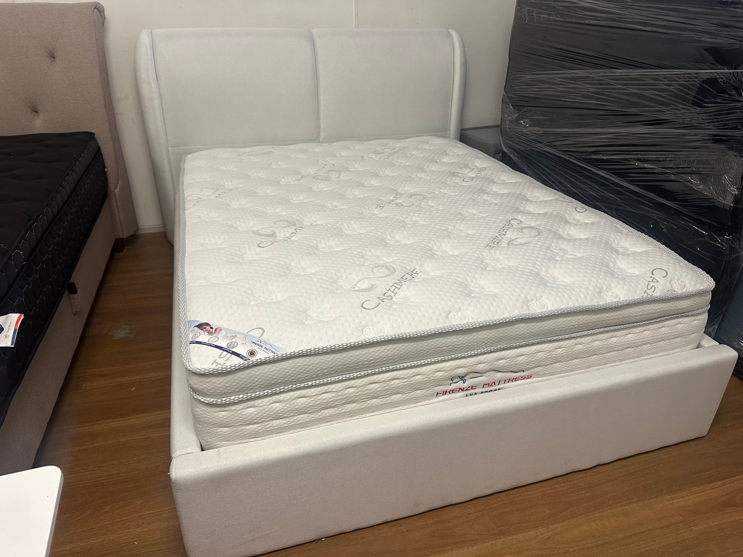 Stylish white bed frame with 34 cm cool gel memory mattress