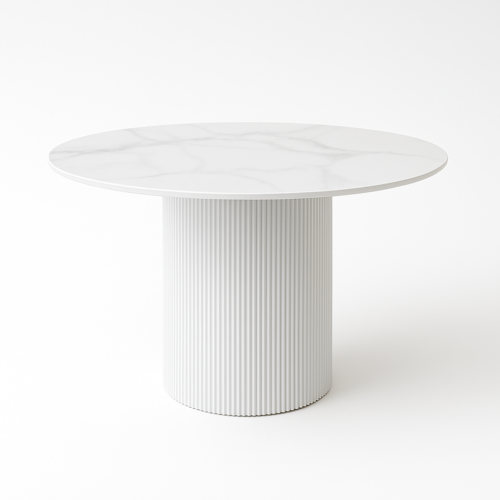 Aurora 5-Piece Round Dining Set – White Sintered Stone Table with Taupe Velvet Chairs