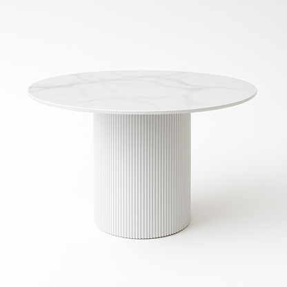 Aurora 5-Piece Round Dining Set – White Sintered Stone Table with Taupe Velvet Chairs