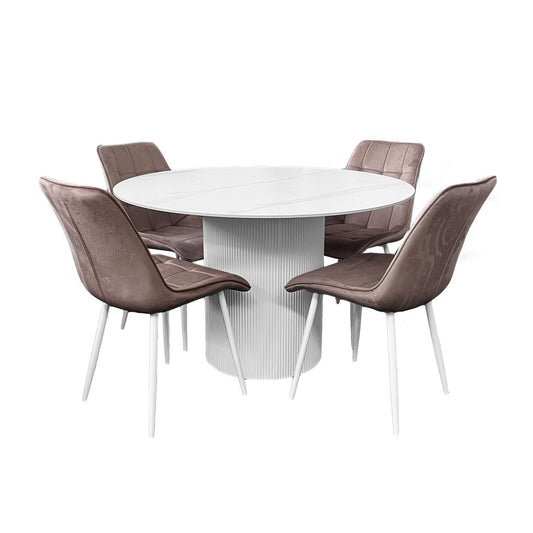 Aurora 5-Piece Round Dining Set – White Sintered Stone Table with Taupe Velvet Chairs