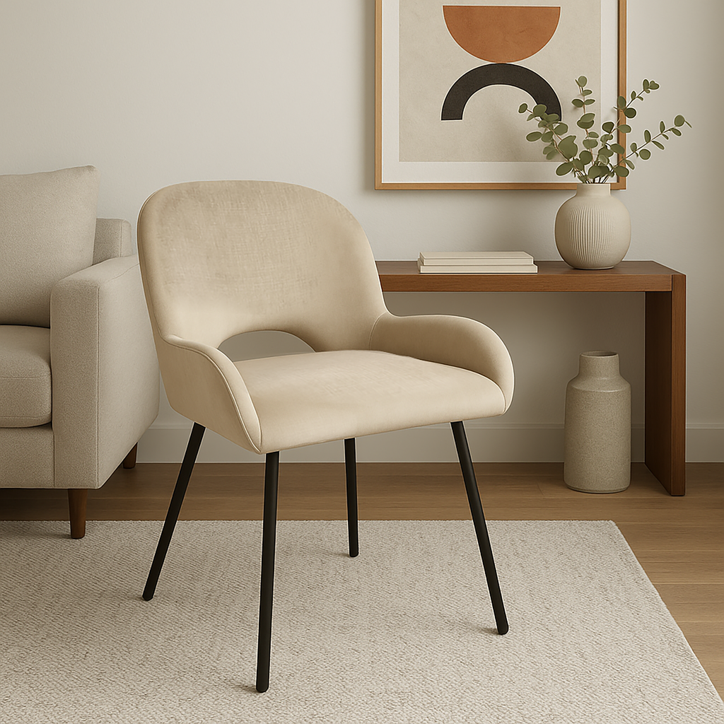 Aurora 5-Piece Round Dining Set – Black Base with White Sintered Stone Top & Beige Velvet Chairs
