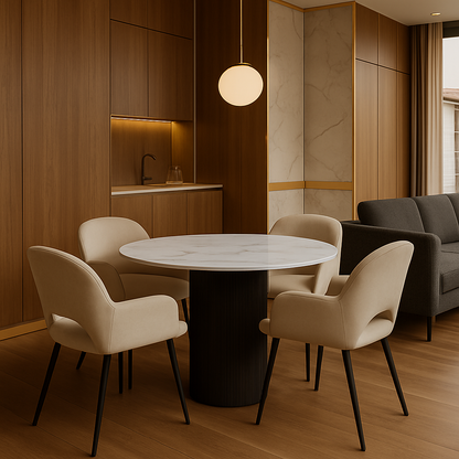 Aurora 5-Piece Round Dining Set – Black Base with White Sintered Stone Top & Beige Velvet Chairs
