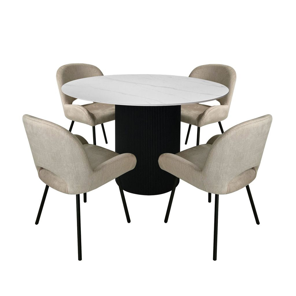Aurora 5-Piece Round Dining Set – Black Base with White Sintered Stone Top & Beige Velvet Chairs