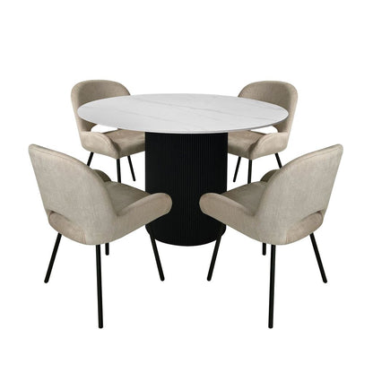 Aurora 5-Piece Round Dining Set – Black Base with White Sintered Stone Top & Beige Velvet Chairs