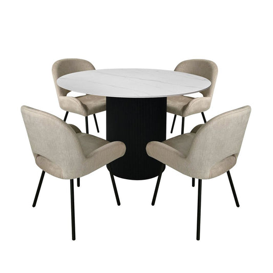 Aurora 5-Piece Round Dining Set – Black Base with White Sintered Stone Top & Beige Velvet Chairs