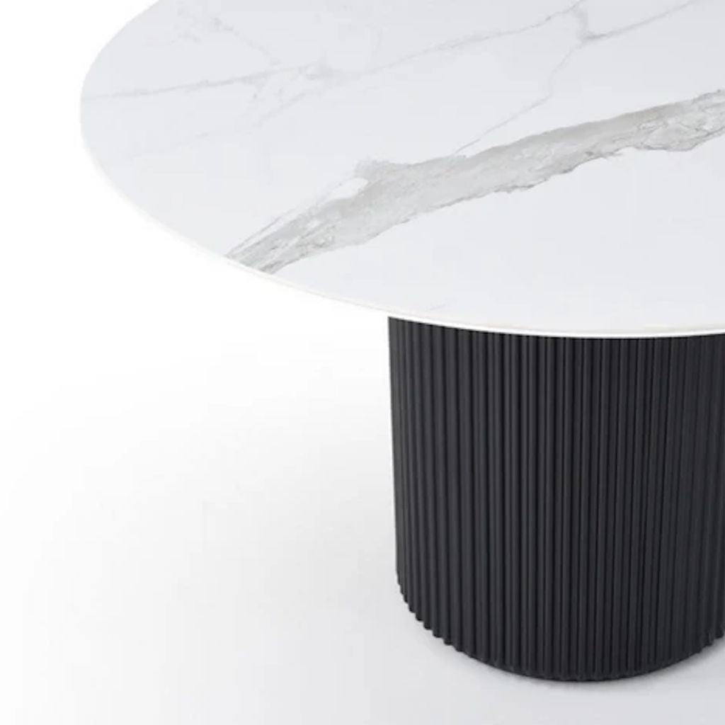 Aurora 5-Piece Round Dining Set – Black Base with White Sintered Stone Top & Beige Velvet Chairs