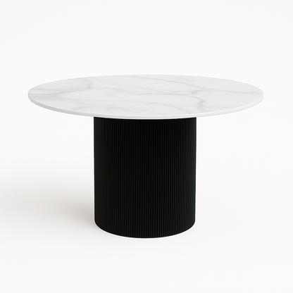 Aurora 5-Piece Round Dining Set – Black Base with White Sintered Stone Top & Beige Velvet Chairs