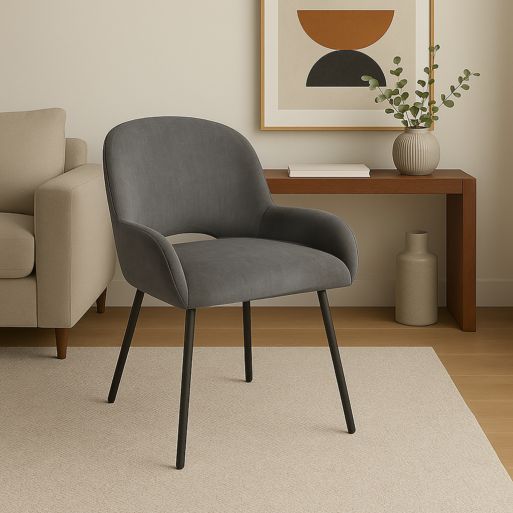 Aurora 5-Piece Round Dining Set – Black Base with White Sintered Stone Top & Grey Velvet Chairs