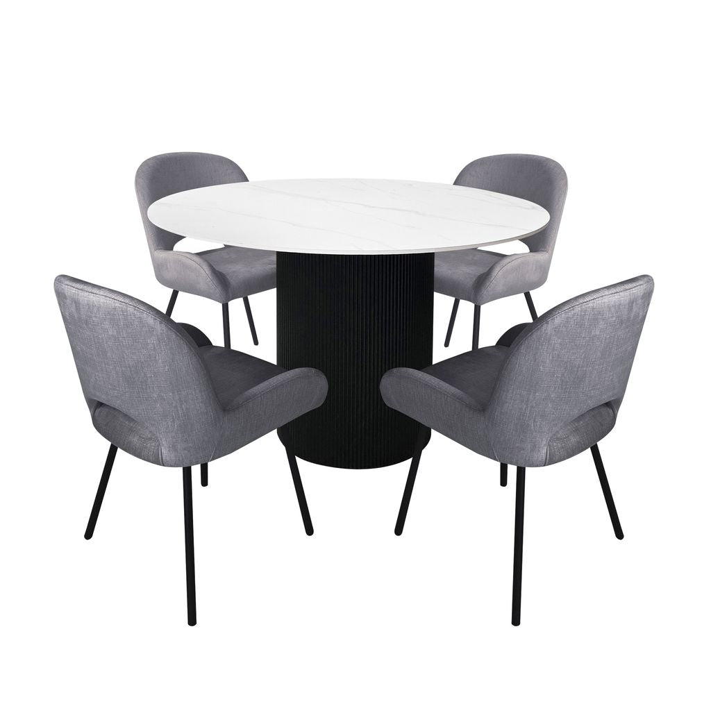 Aurora 5-Piece Round Dining Set – Black Base with White Sintered Stone Top & Grey Velvet Chairs