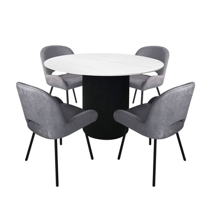 Aurora 5-Piece Round Dining Set – Black Base with White Sintered Stone Top & Grey Velvet Chairs
