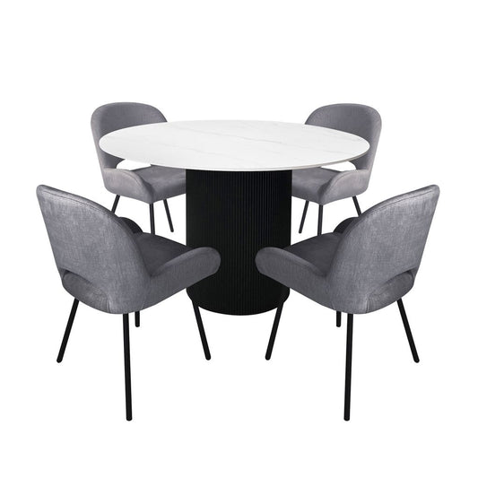 Aurora 5-Piece Round Dining Set – Black Base with White Sintered Stone Top & Grey Velvet Chairs