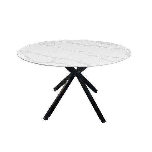 Luna Round Dining Table – White Sintered Stone Top with Black Metal Legs