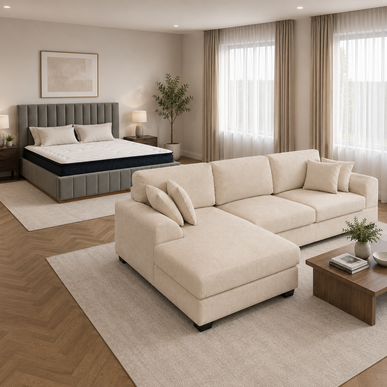 Cream color corduroy sofa and cream bed frame with mattress